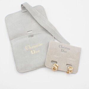 CHRISTIAN DIOR Logo Rhinestone Earrings Clip-On Gold Accesory